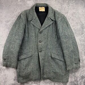 Vintage Fox Knapp Coat Mens 52 Green Herringbone Wool Tweed Overcoat USA 50s